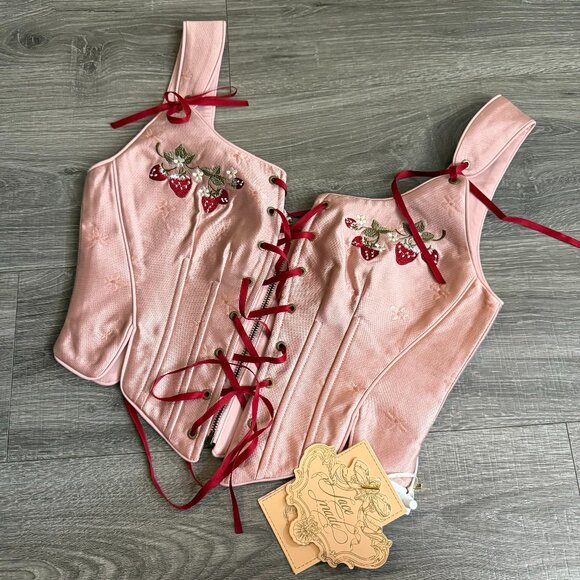 NWT Lace Made Wild Strawberry Paradise Corset Pink Red Embroidered Size Large - Picture 3 of 6